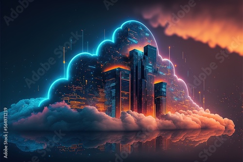 Cloud computing technology concept. Cyber security. Smart city and digital cloud data center.Futuristic big data processing cloud. Generative AI