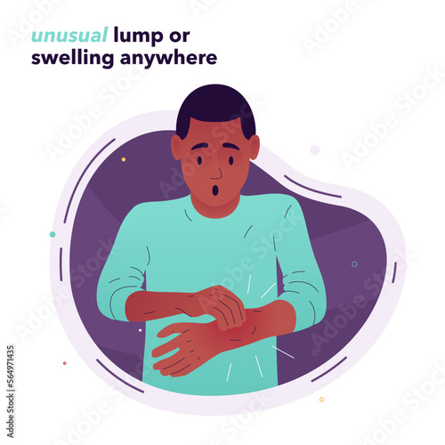 Vector illustration of a frightened man who examines his hand. The man found a swelling on his hand. Symptoms of lipoma, cysts, tumors, and cancer. Illustration for medical articles, posters, stands.