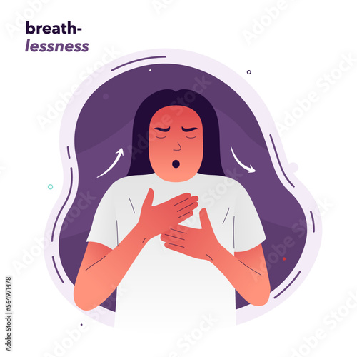 Vector illustration of a girl who has difficulty breathing. Shortness of breath due to lack of oxygen. Symptoms of allergies, asthma, heart disease. Illustration for medical articles, posters, stands