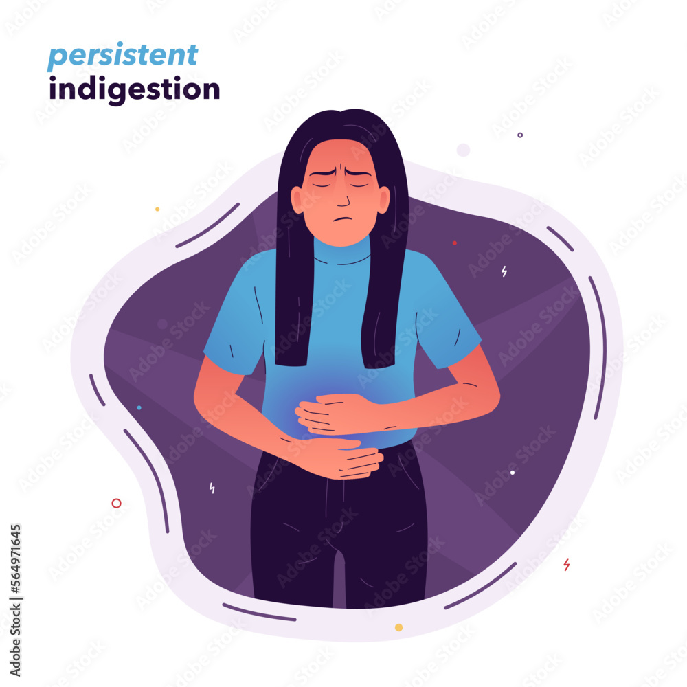 Vector illustration of a girl who stands with her eyes closed and holds her stomach with her hands. The girl does not feel well due to persistent indigestion. Dyspepsia, gastritis, ulcer.