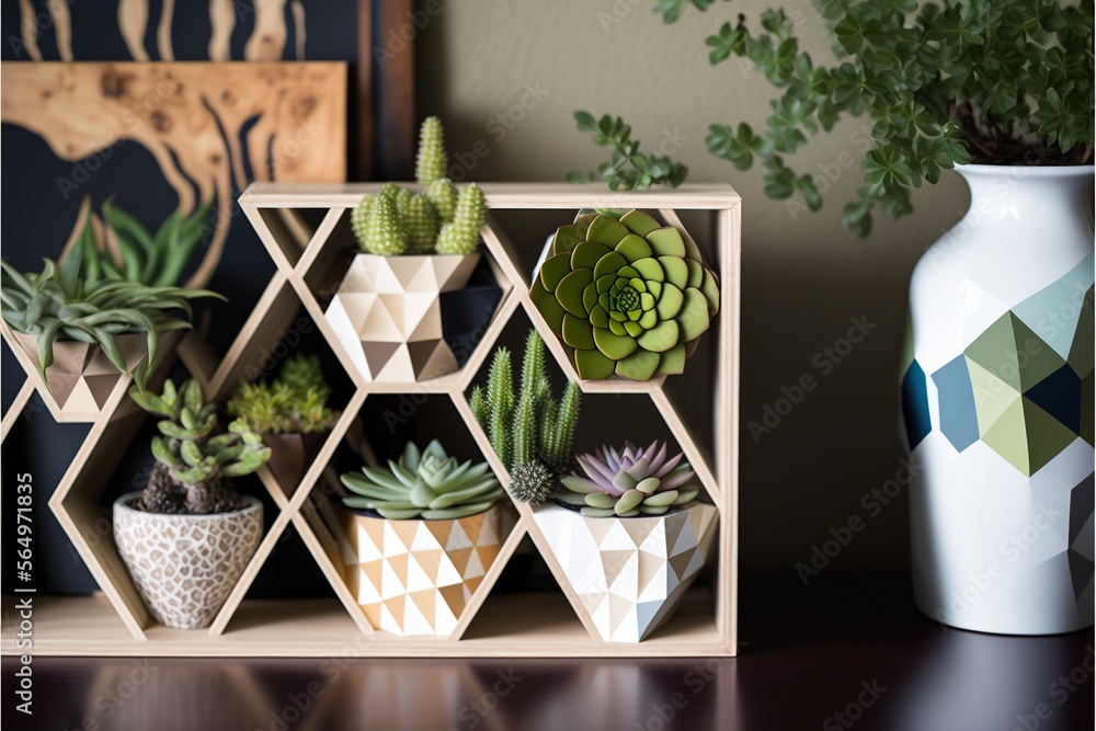 a wooden shelf with a bunch of succulents on it and a vase with a plant ...