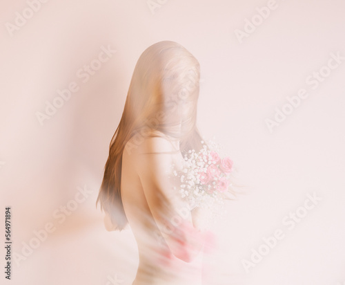 Young woman with bouquet of flowers. Double exposure effect.