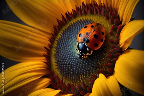  a lady bug sitting on a sunflower with a dark background and a yellow flower in the foreground with a black background and a black background. generative ai