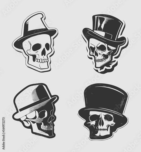 Set skull head in cap or hat in monochrome style. Cartoon Style