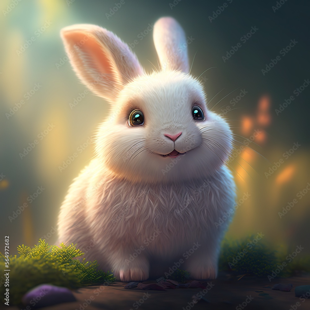 cute white bunny on blurry forest background for digital printing ...