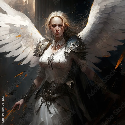 White Apocalypse angel with white huge wings holding sword and wearing medieval knight armor. Ghost warrior at hell gate. Generative AI