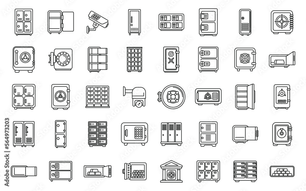 Deposit room icons set outline vector. Money box. Security access Deposit room icons set outline vector. Money box. Security access