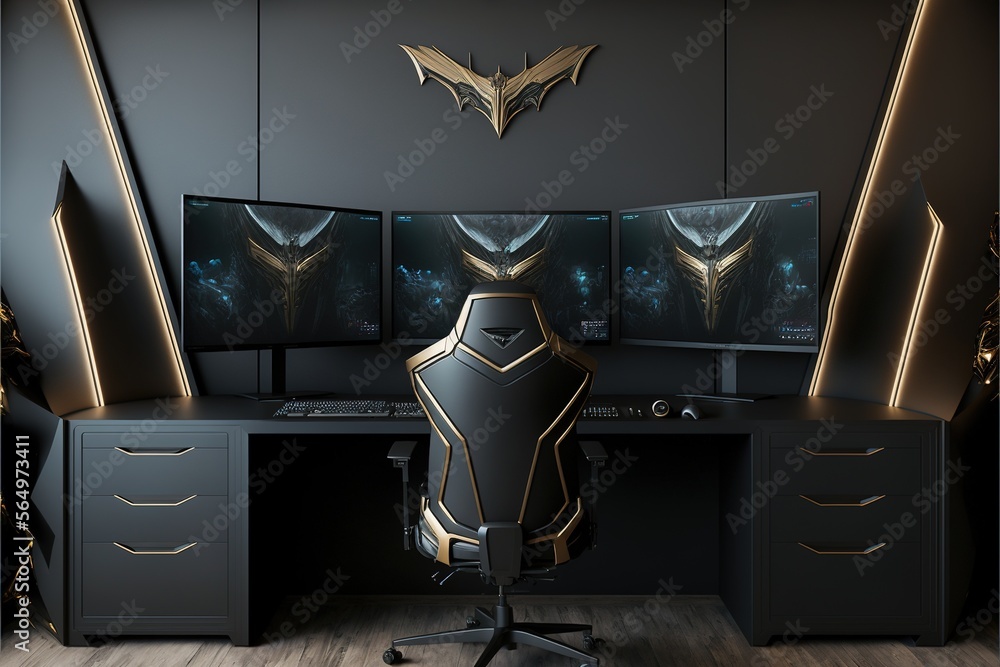 Stylish, modern gaming room, 3 monitors, gaming chair, ultimate gaming pc,  black theme, gold accents. Clean stylish office for work. Generative AI  Stock Illustration