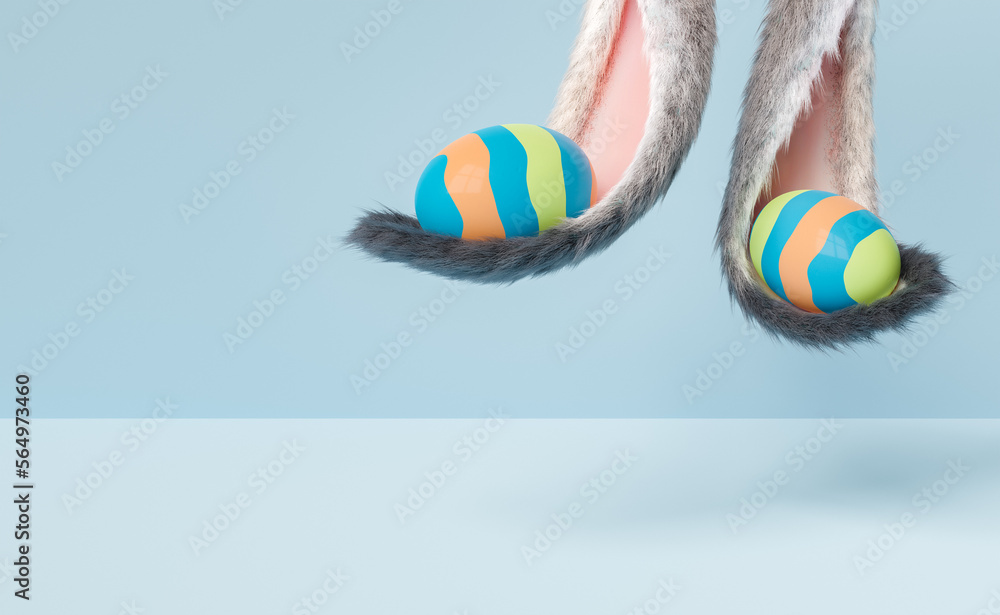 3D rendering of colorful Easter eggs in bunny ears