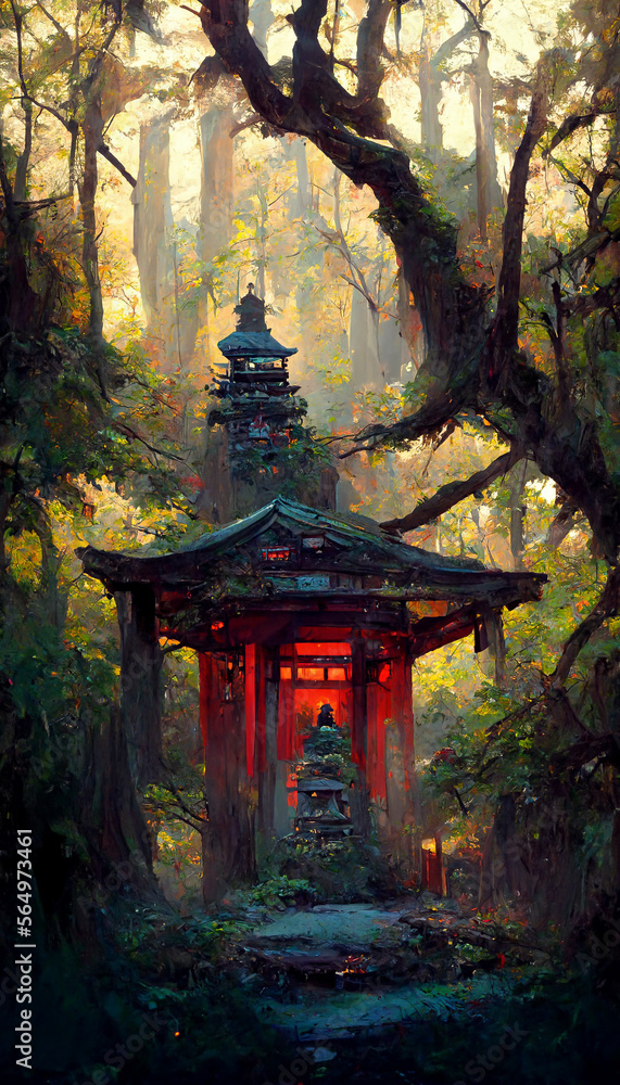Japanese shrine in the forest illustration Generative AI Content by Midjourney Japanese shrine in the forest illustration Generative AI Content by Midjourney