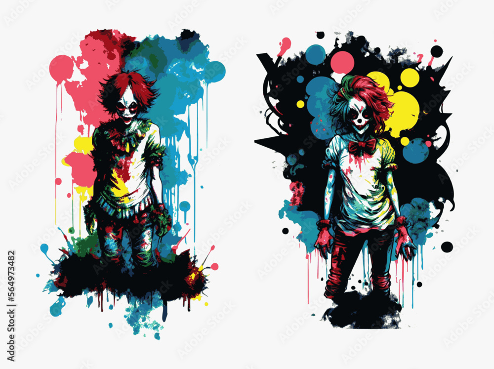 Psychedelic watercolor creepy Clown girl vector. set scary of clownery illustration