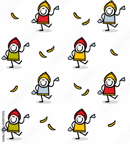Seamless background with funny cartoon girls in traditional russian costumes dancing folk daces.
