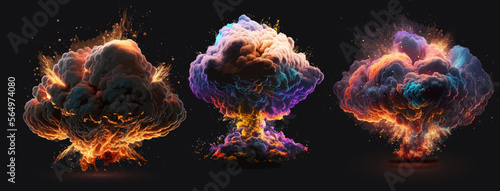 Set magic explosion, game bomb boom effect with colorful clouds. Isolated smoke cumulus elements of gas explosion, effect and promo flash black. Vector illustration