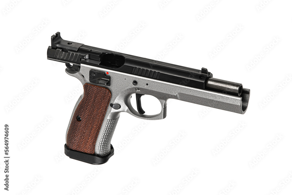 Modern semi-automatic pistol isolate on a white background. Armament for the army and police. Short-barreled weapon Modern semi-automatic pistol isolate on a white background. Armament for the army and police. Short-barreled weapon