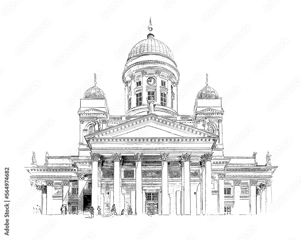 Helsinki Cathedral, ink sketch illustration.
