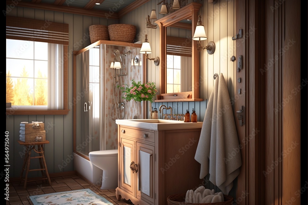 Country interior style bathroom with natural wood paneling in the morning sunshine with natural