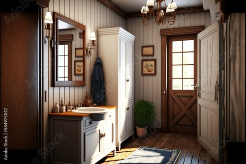 Country interior style bathroom with natural wood paneling and furnitures, with a washbasin with cabinet under it, and a mirror above it