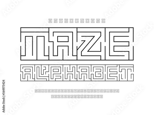 Vector of modern abstract maze style alphabet design with uppercase, numbers and symbols