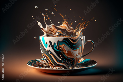 Slika na platnu A cappuccino cup of liquid chocolate with milk, splashes of milk and chocolate in dynamic composition, aromatic coffee splashing in a wavy multicolored designer coffee cup, generative ai