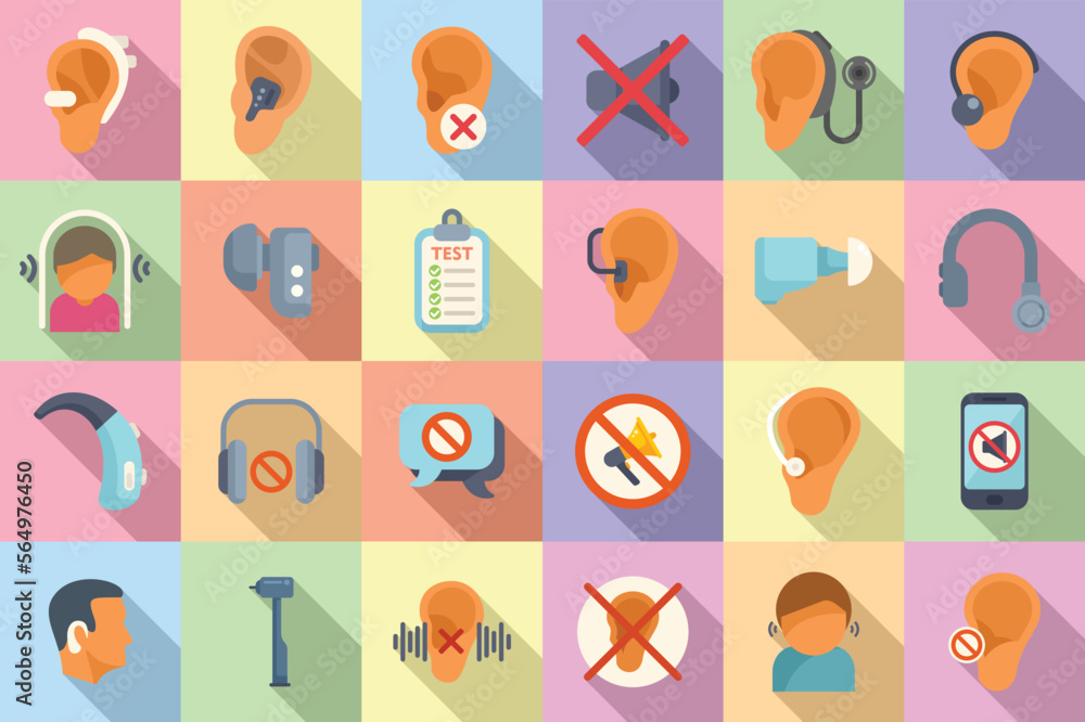 Deafness icons set flat vector. Hearing aid. Child loss audible