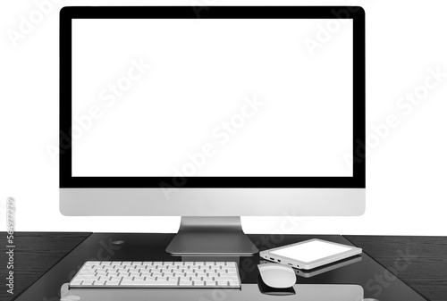 modern computer on the table on white background. green white display