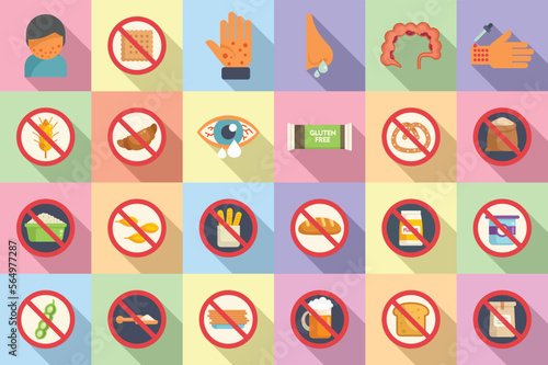 Gluten intolerance icons set flat vector. Free gluten. Non gmo