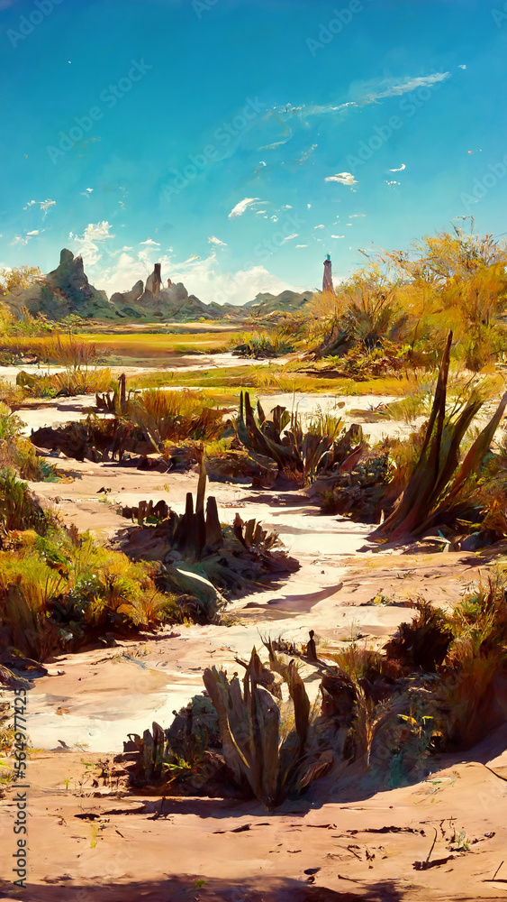 sand dunes desert Grass and big cactus of lagoon illustration Generative AI Content by Midjourney