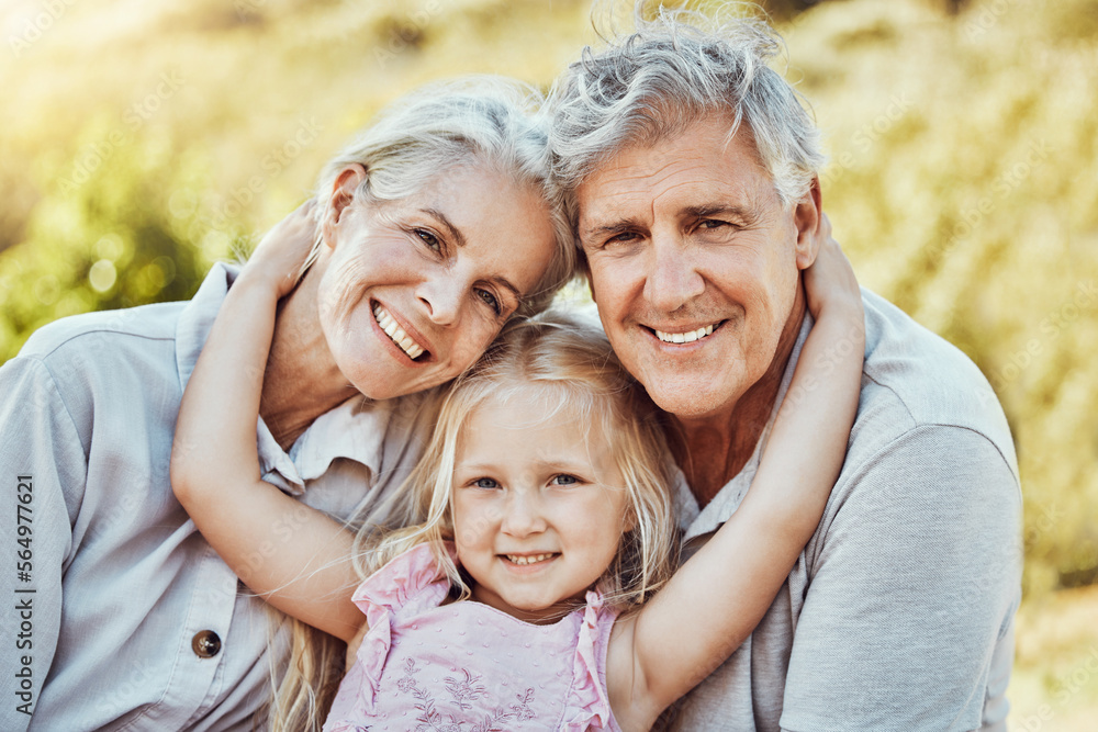 Fototapeta premium Grandparents, girl and smile portrait in a family outdoor park happy about a picnic. Children, happiness and kids with elderly grandparent in garden or backyard smiling and bonding together in nature