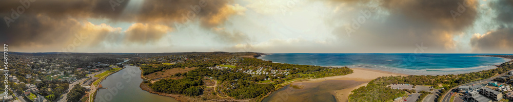 Panoramic aerial view of Torquay Beach along the Great Ocean Road, Australia
