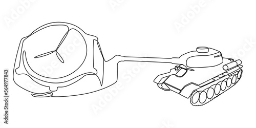 One continuous line of wristwatch and Armored Tank. Thin Line Illustration vector concept. Contour Drawing Creative ideas.