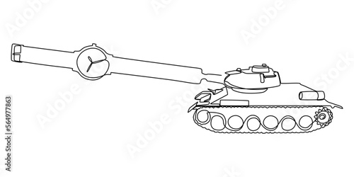One continuous line of wristwatch and Armored Tank. Thin Line Illustration vector concept. Contour Drawing Creative ideas.