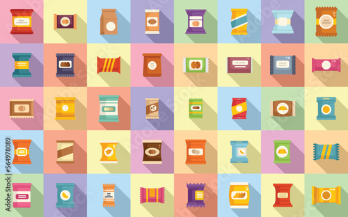 Snack pack icons set flat vector. Candy bag. Biscuit package