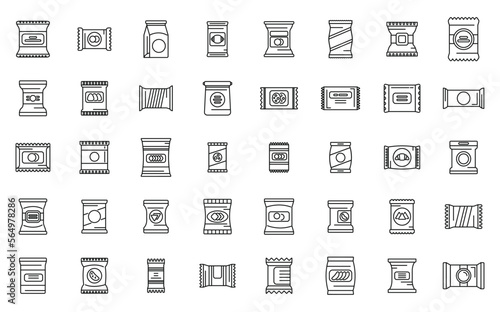 Snack pack icons set outline vector. Candy bag. Biscuit package