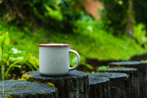 An enamel mug on the top of a cement fence with out of focus nature background