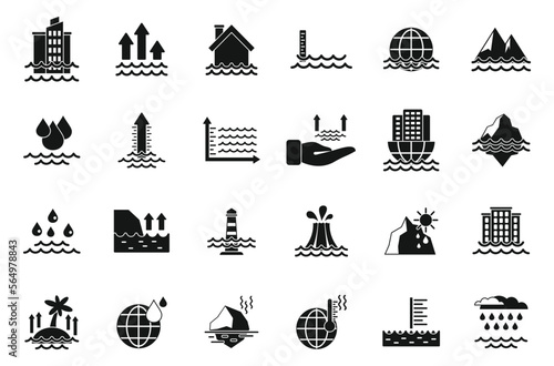 Sea level rise icons set simple vector. Water level. Nature disaster