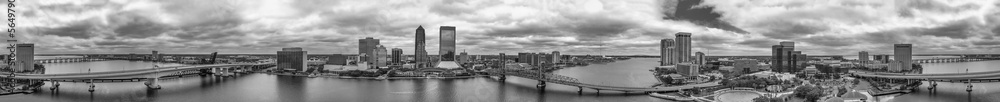 Panoramic aerial view of Jacksonville skyline from drone at sunset, Florida