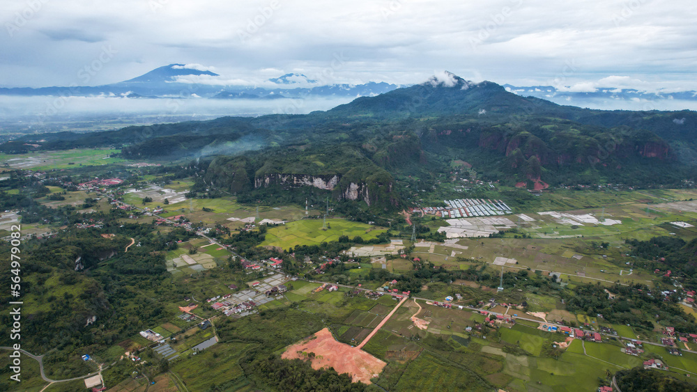 Aerial view of a beautiful landscape view of Harau Valley with mountains valley and grass view, Beautiful Minangkabau. 