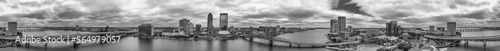 Panoramic aerial view of Jacksonville skyline from drone at sunset  Florida