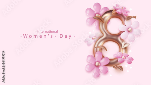 8 March greeting card with realistick composition of spring pink flowers. Template for advertising, web, social media and fashion ads.