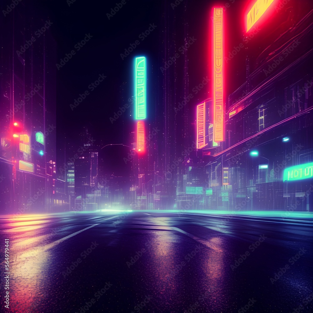 Light effect,  Wet asphalt, night view of the city, neon reflections on the concrete floor. Night empty stage, studio. Dark abstract background, dark empty street. Night city. - generative ai