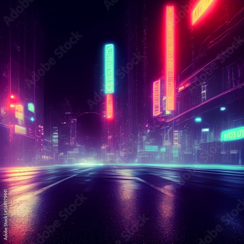 Light effect, Wet asphalt, night view of the city, neon reflections on the concrete floor. Night empty stage, studio. Dark abstract background, dark empty street. Night city. - generative ai