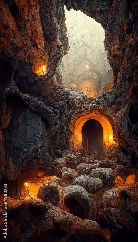 Underground cave dungeon made of stone fire around illustration Generative AI Content by Midjourney Underground cave dungeon made of stone fire around illustration Generative AI Content by Midjourney