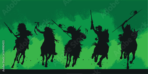 Silhouette of a horse indian warriors. American native steppe cavalry. Soldiers attack. Vector illustration. Isolated. 