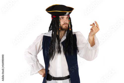 A pirate of the Caribbean in a suit is standing and gesturing. Male figure isolated on white background.
