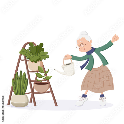 Happy grandmother with watering can and home plants in the minimalistic pot on the wooden ladder. Home decor and gardening concept. Cute isolated vector illustration for product design and decoration