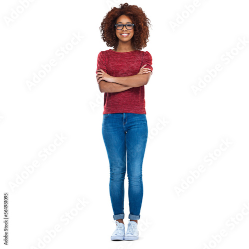 Canvas Print Full length portrait of an attractive african young woman standing with her hands crossed isolated on a PNG background