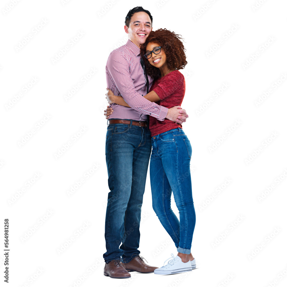 Portrait of a happy young couple standing cuddling each other isolated in a PNG background. Portrait of a happy young couple standing cuddling each other isolated in a PNG background.