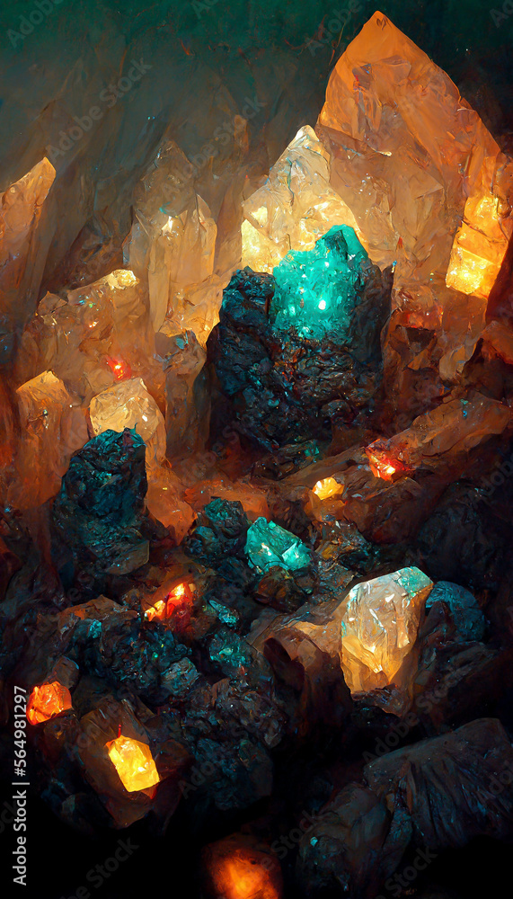 crystal cave dwarves mining glowing gemstone veins with lasers ...
