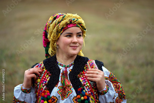 Portrait of a Ukrainian hutsul girl in a national hutsul costume