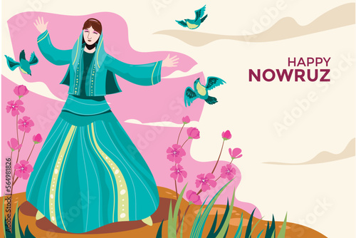 Illustration of Happiness Iranian Woman Celebrating Nowruz Party